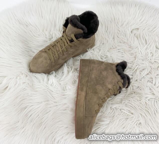 Duplicate Loro Piana High top Sneakers in Suede and Wool Fur Khaki 1113097