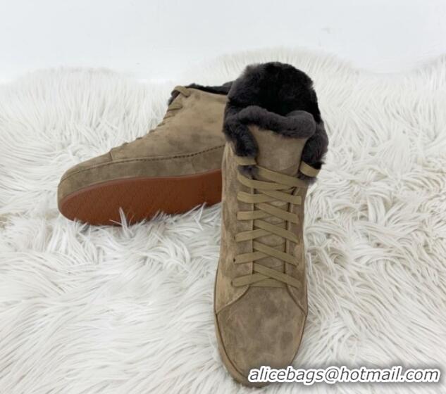 Duplicate Loro Piana High top Sneakers in Suede and Wool Fur Khaki 1113097