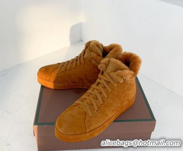 Grade Quality Loro Piana High top Sneakers in Suede and Wool Fur Brown Yellow 1113099