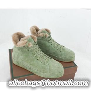 Pretty Style Loro Piana High top Sneakers in Suede and Wool Fur Light Green 1113101