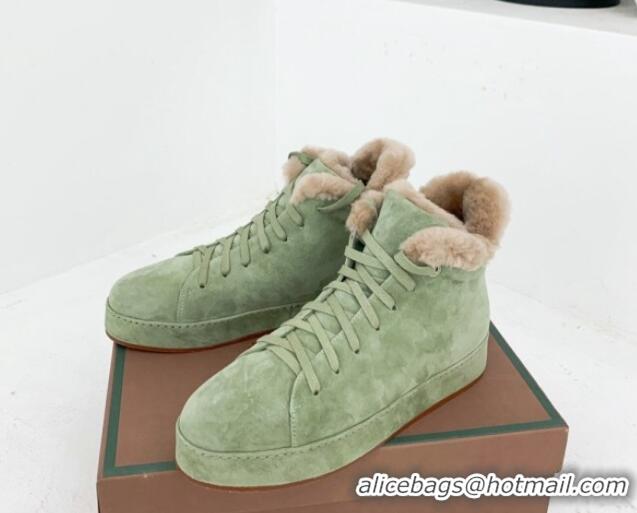 Pretty Style Loro Piana High top Sneakers in Suede and Wool Fur Light Green 1113101