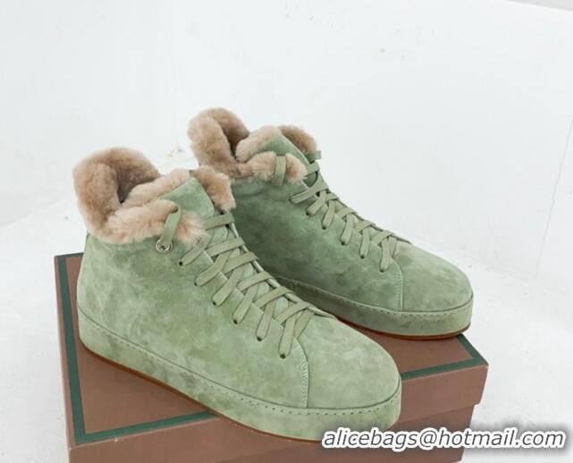 Pretty Style Loro Piana High top Sneakers in Suede and Wool Fur Light Green 1113101