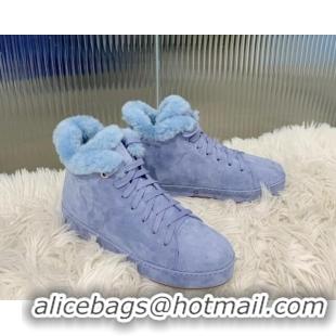 Good Looking Loro Piana High top Sneakers in Suede and Wool Fur Light Blue 1113102