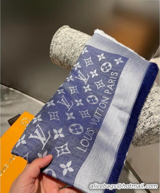 Top Grade Louis Vuitton Classic Monogram Shawl Scarf 140cm 1128 Denim Blue 2024