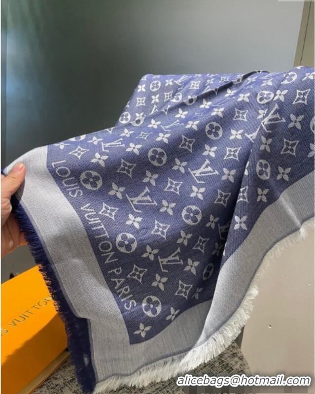 Top Grade Louis Vuitton Classic Monogram Shawl Scarf 140cm 1128 Denim Blue 2024