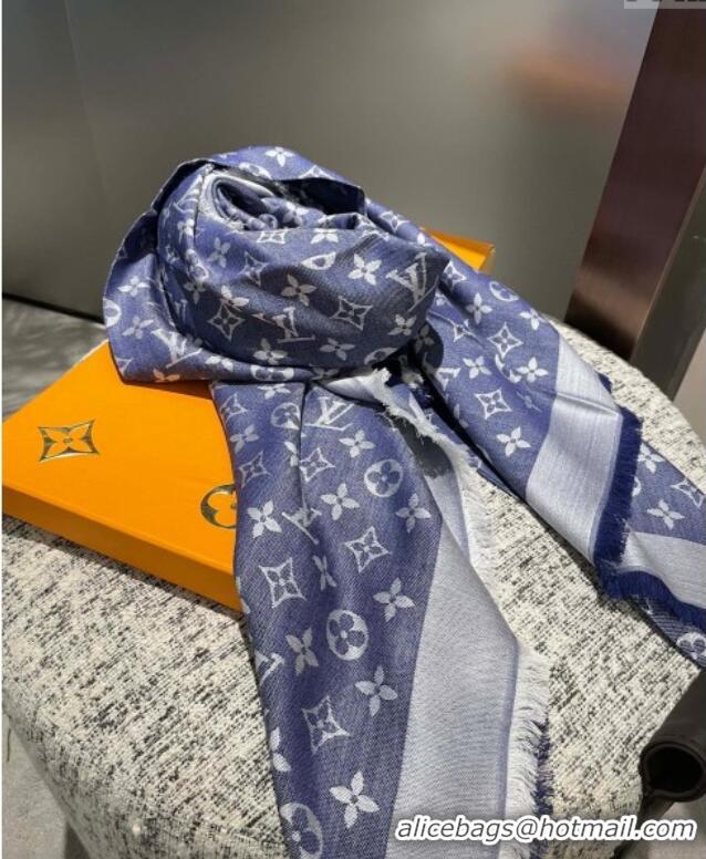 Top Grade Louis Vuitton Classic Monogram Shawl Scarf 140cm 1128 Denim Blue 2024