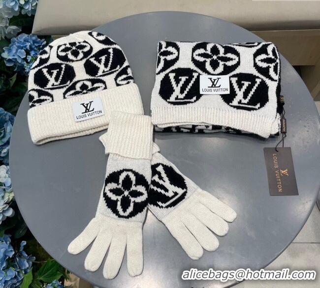 Well Crafted Louis Vuitton Knit Scarf, Hat and Gloves Set 1129 White 2024