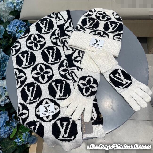 Well Crafted Louis Vuitton Knit Scarf, Hat and Gloves Set 1129 White 2024