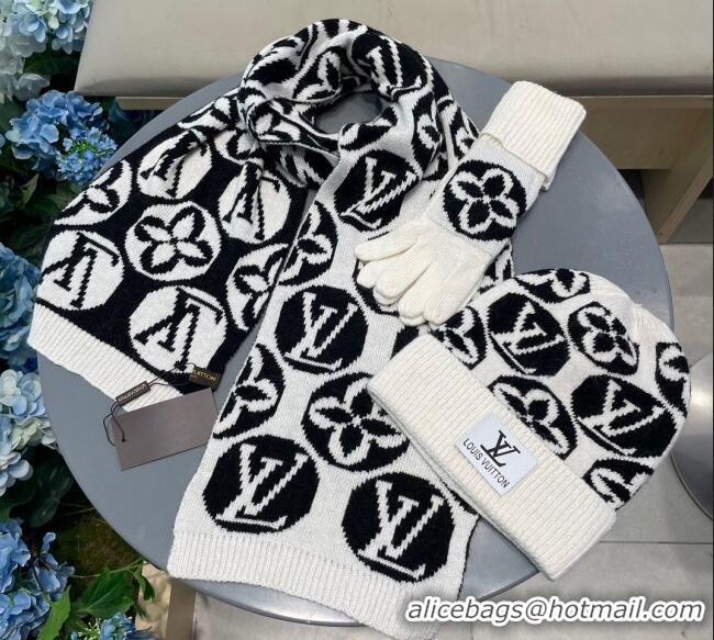 Well Crafted Louis Vuitton Knit Scarf, Hat and Gloves Set 1129 White 2024