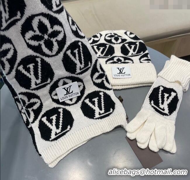 Well Crafted Louis Vuitton Knit Scarf, Hat and Gloves Set 1129 White 2024