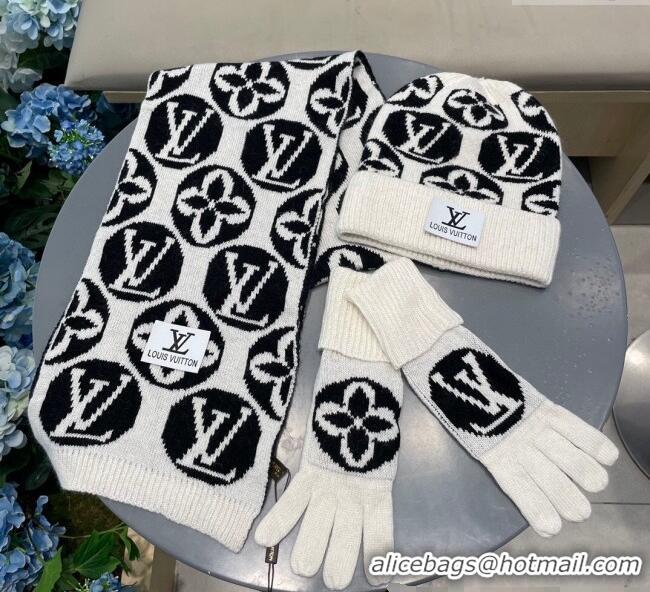 Well Crafted Louis Vuitton Knit Scarf, Hat and Gloves Set 1129 White 2024