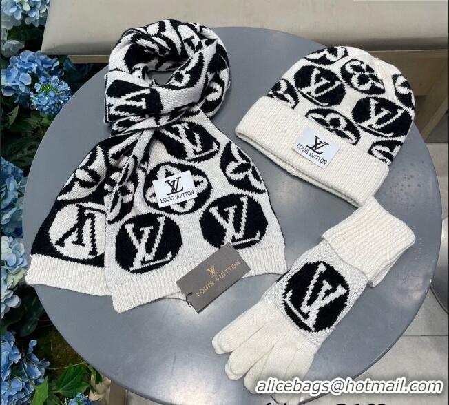 Well Crafted Louis Vuitton Knit Scarf, Hat and Gloves Set 1129 White 2024