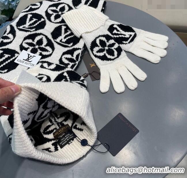 Well Crafted Louis Vuitton Knit Scarf, Hat and Gloves Set 1129 White 2024