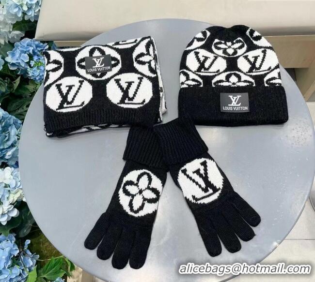 Big Discount Louis Vuitton Knit Scarf, Hat and Gloves Set 1129 Black 2024