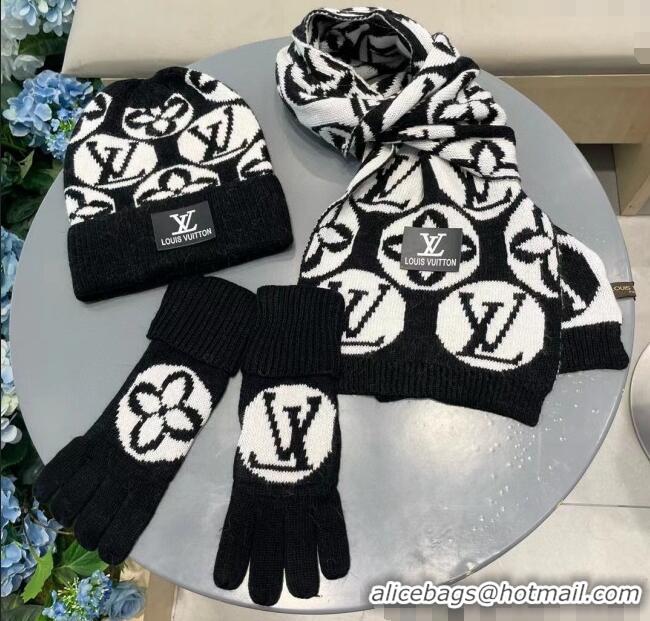 Big Discount Louis Vuitton Knit Scarf, Hat and Gloves Set 1129 Black 2024