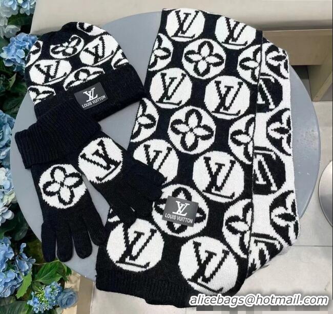 Big Discount Louis Vuitton Knit Scarf, Hat and Gloves Set 1129 Black 2024