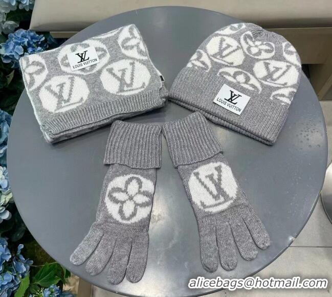 Good Looking Louis Vuitton Knit Scarf, Hat and Gloves Set 1129 Grey 2024