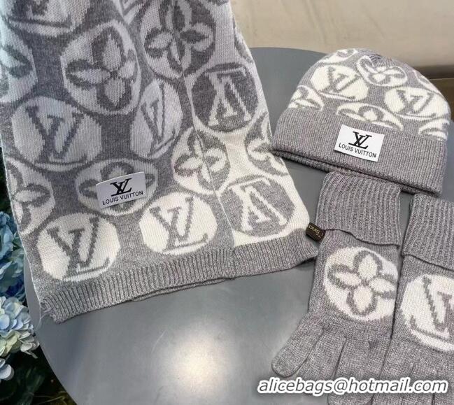 Good Looking Louis Vuitton Knit Scarf, Hat and Gloves Set 1129 Grey 2024