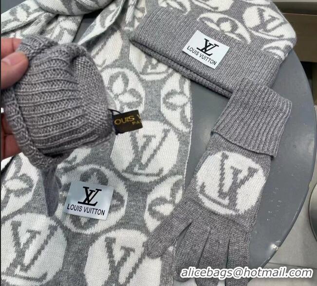 Good Looking Louis Vuitton Knit Scarf, Hat and Gloves Set 1129 Grey 2024