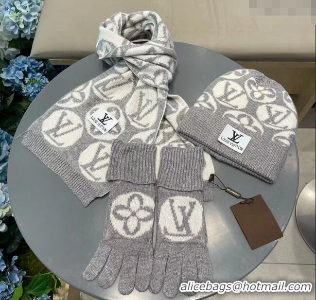 Good Looking Louis Vuitton Knit Scarf, Hat and Gloves Set 1129 Grey 2024