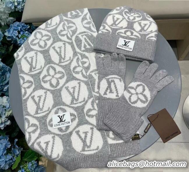 Good Looking Louis Vuitton Knit Scarf, Hat and Gloves Set 1129 Grey 2024