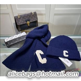 Luxury Discount Celine Knit Long Scarf and Hat Set 1021 Navy Blue 2024