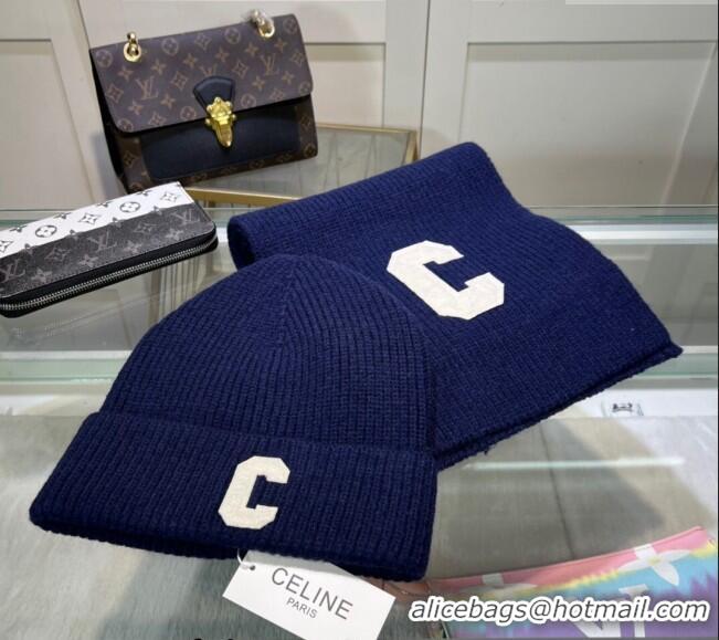 Luxury Discount Celine Knit Long Scarf and Hat Set 1021 Navy Blue 2024