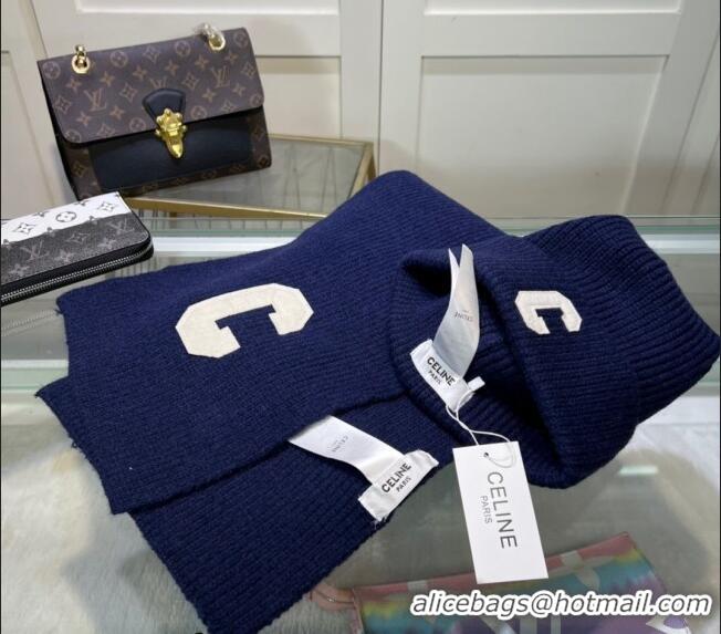 Luxury Discount Celine Knit Long Scarf and Hat Set 1021 Navy Blue 2024