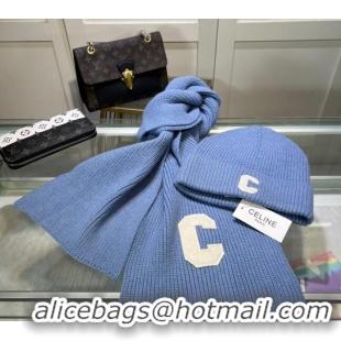 New Fashion Celine Knit Long Scarf and Hat Set CE1021 Light Blue 2024