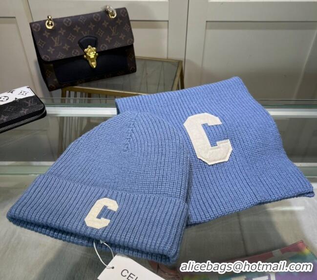 New Fashion Celine Knit Long Scarf and Hat Set CE1021 Light Blue 2024