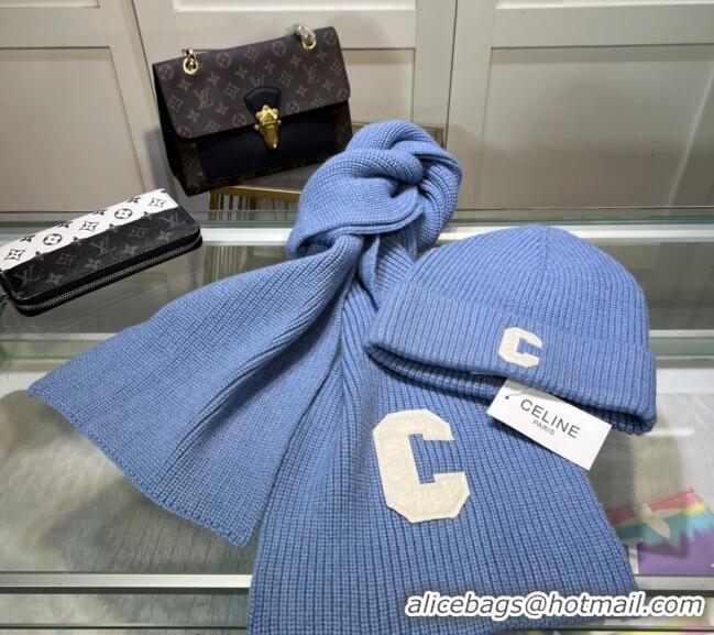 New Fashion Celine Knit Long Scarf and Hat Set CE1021 Light Blue 2024