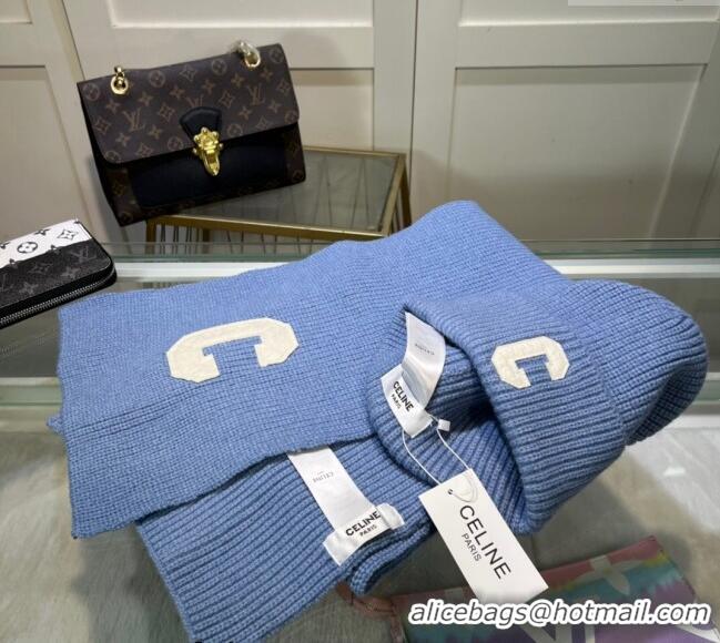 New Fashion Celine Knit Long Scarf and Hat Set CE1021 Light Blue 2024