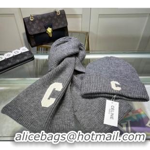 Luxury Discount Celine Knit Long Scarf and Hat Set CE1021 Grey 2024