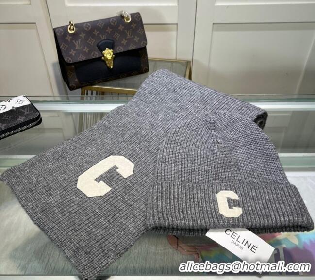 Luxury Discount Celine Knit Long Scarf and Hat Set CE1021 Grey 2024