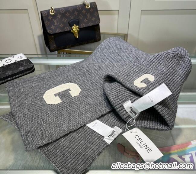 Luxury Discount Celine Knit Long Scarf and Hat Set CE1021 Grey 2024