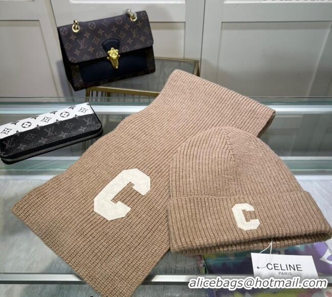 Super Quality Celine Knit Long Scarf and Hat Set CE1021 Beige 2024