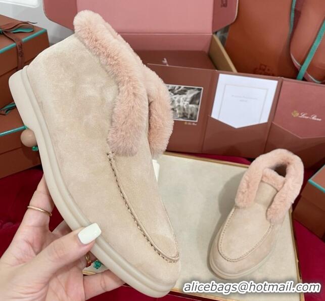 Good Quality Loro Piana Open Walk Ankle Boots in Suede and Beaver Fur Beige/Pink 1113114