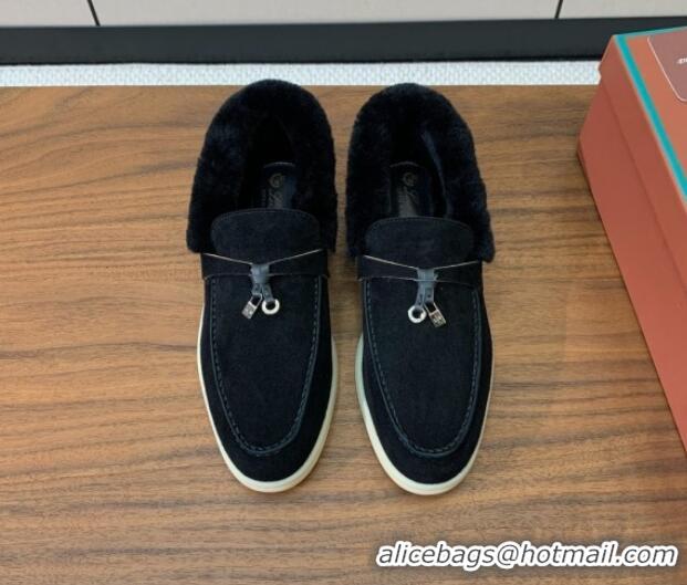 Best Price Loro Piana Summer Charm Loafers in Suede and Wool Fur Black 1113123