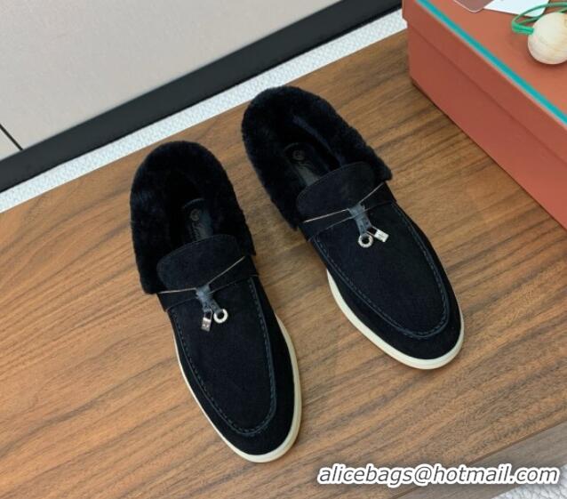 Best Price Loro Piana Summer Charm Loafers in Suede and Wool Fur Black 1113123