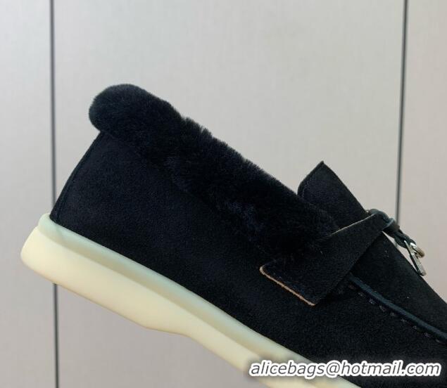 Best Price Loro Piana Summer Charm Loafers in Suede and Wool Fur Black 1113123