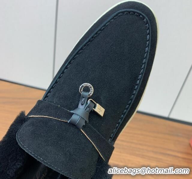 Best Price Loro Piana Summer Charm Loafers in Suede and Wool Fur Black 1113123