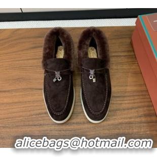 Top Design Loro Piana Summer Charm Loafers in Suede and Wool Fur Coffee Brown 1113125