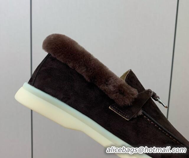 Top Design Loro Piana Summer Charm Loafers in Suede and Wool Fur Coffee Brown 1113125