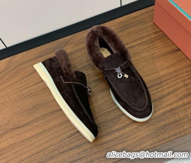 Top Design Loro Piana Summer Charm Loafers in Suede and Wool Fur Coffee Brown 1113125