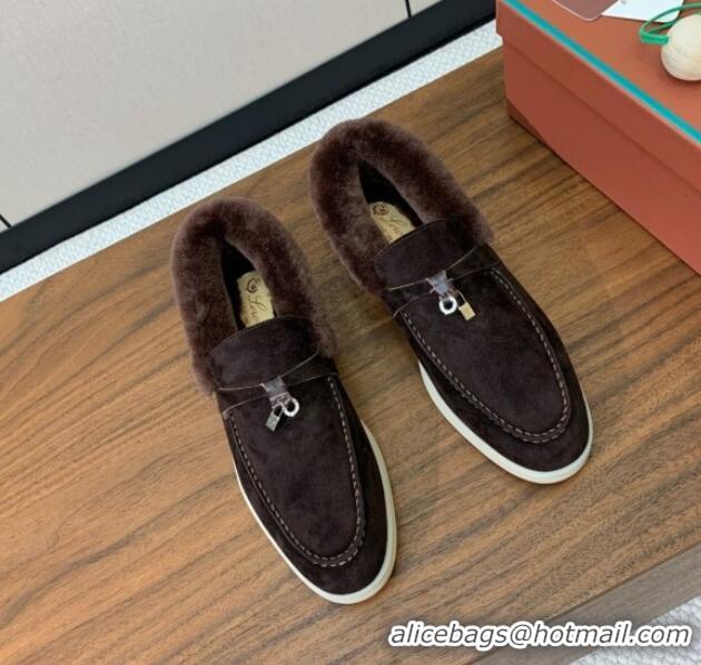 Top Design Loro Piana Summer Charm Loafers in Suede and Wool Fur Coffee Brown 1113125