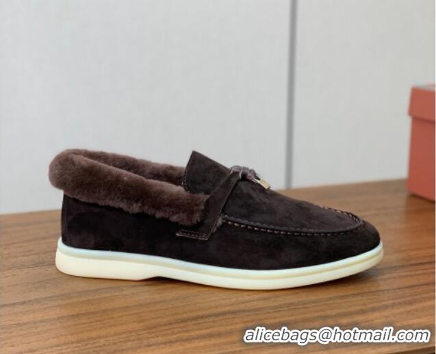 Top Design Loro Piana Summer Charm Loafers in Suede and Wool Fur Coffee Brown 1113125