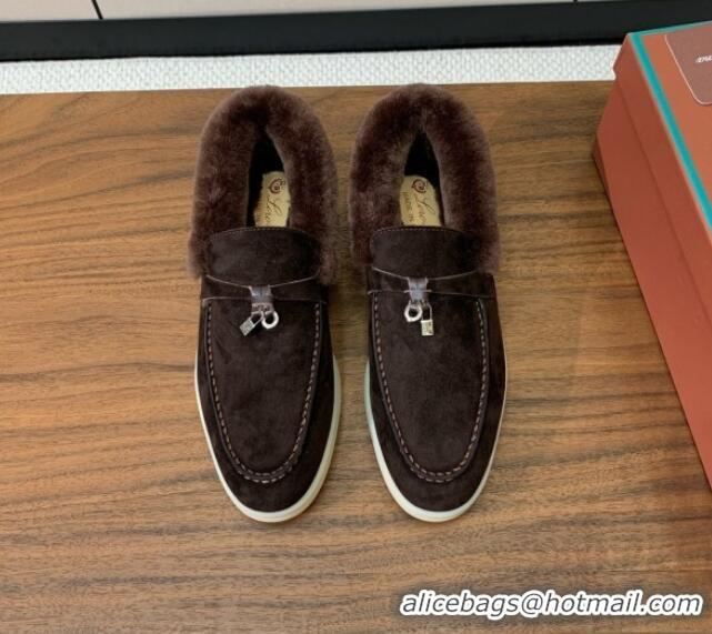 Top Design Loro Piana Summer Charm Loafers in Suede and Wool Fur Coffee Brown 1113125