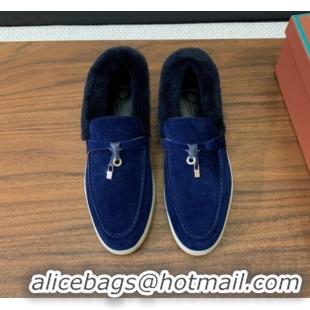 Best Grade Loro Piana Summer Charm Loafers in Suede and Wool Fur Dark Blue 1113127