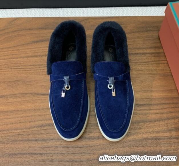 Best Grade Loro Piana Summer Charm Loafers in Suede and Wool Fur Dark Blue 1113127