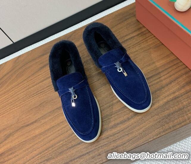 Best Grade Loro Piana Summer Charm Loafers in Suede and Wool Fur Dark Blue 1113127